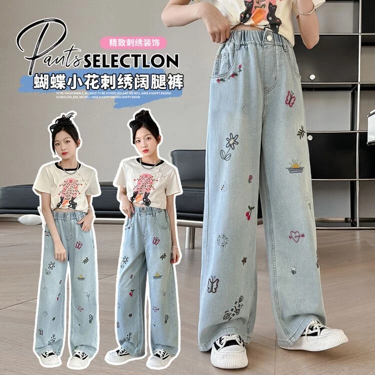 2024女童夏季薄款牛仔裤中大童精致刺绣直筒裤韩版休闲宽松阔腿裤
