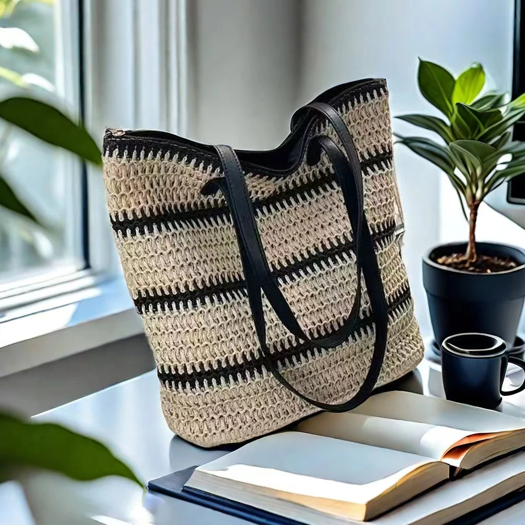 【LESHOW】休闲法式大容量编织森系手提包沙滩草编包单肩腋下托特包