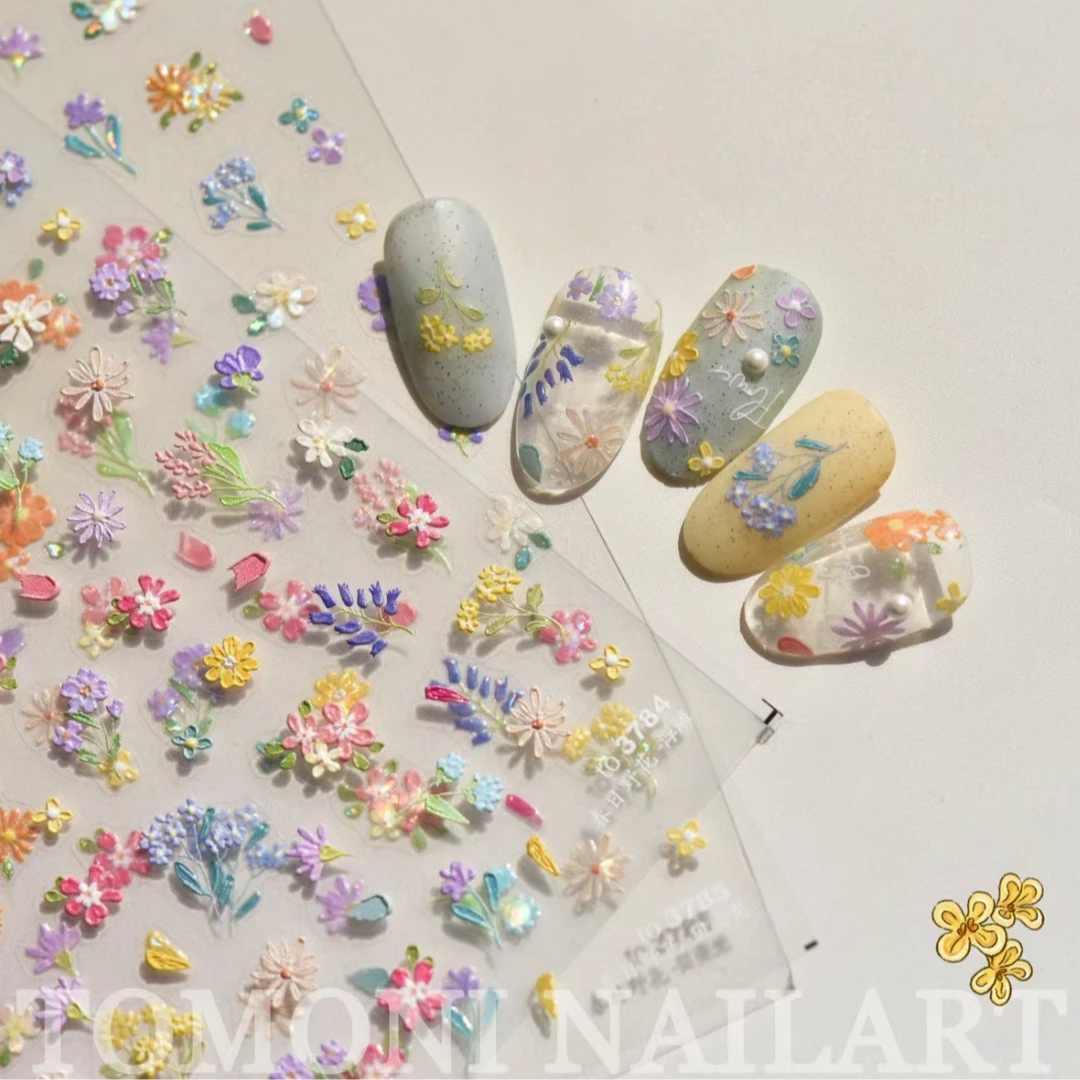 油画小花美甲贴纸2024新款ins风立体浮雕花朵指甲贴饰品网红爆款