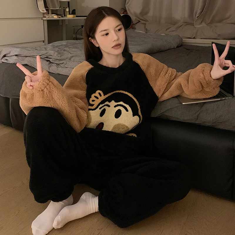 202睡衣女冬季新款珊瑚绒长毛绒印花格子套头家居服