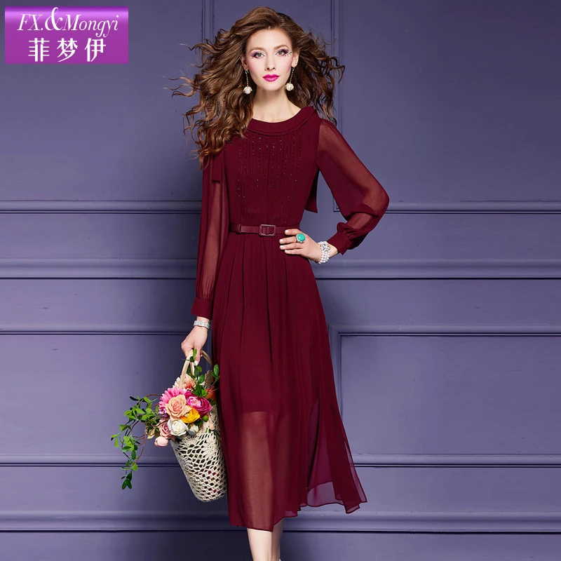 菲梦伊钉珠亮片红色连衣裙女秋装复古洋气时尚显瘦气质长裙55561