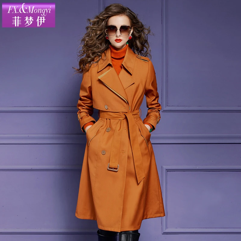 菲梦伊英伦风气质双排扣收腰显瘦过膝时尚长款风衣外套47437