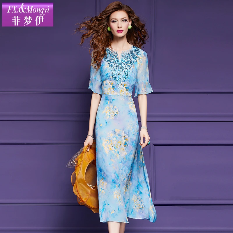 菲梦伊100%桑蚕丝重工亮片刺绣夏季新款气质显瘦女装连衣裙56681