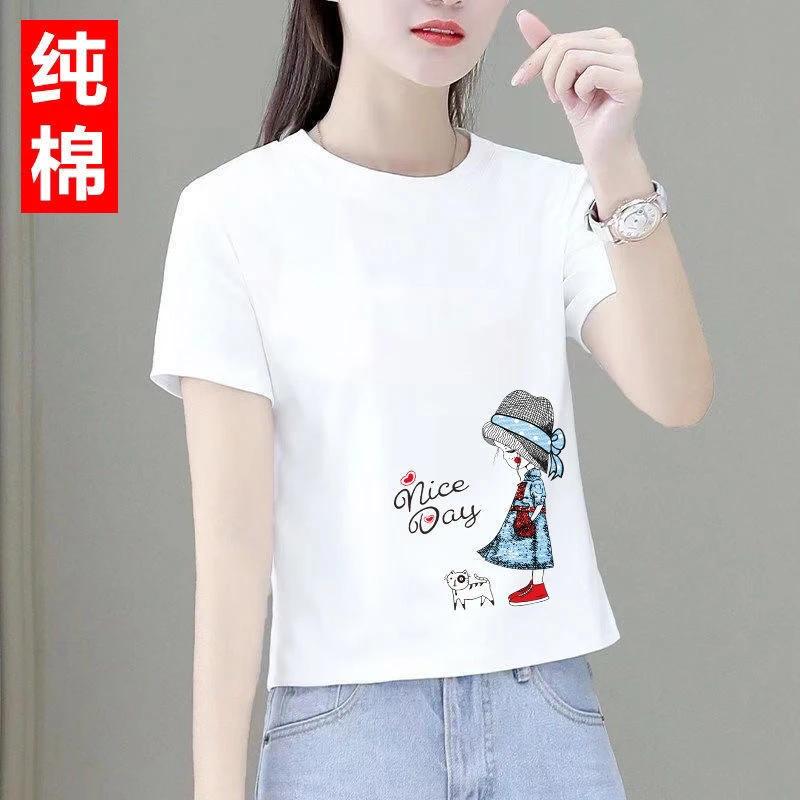 100%纯棉新款夏季2025短袖t恤女士上衣韩版宽松洋气百搭小个子潮