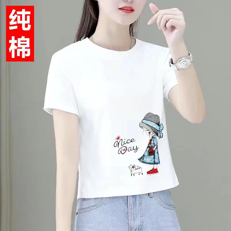 100%纯棉白色短袖T恤女宽松2024夏季新款ins潮短袖宽松体恤上衣服