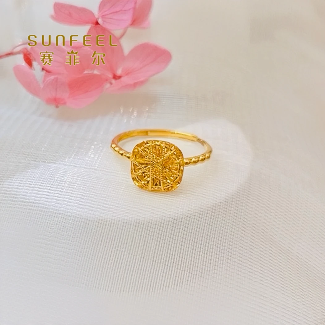 SUNFEEL/赛菲尔黄金足金拉丝小方糖黄金戒指甜蜜幸福5G精工