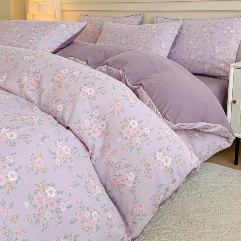 白白家纺-A类小清新简约法式碎花四件套有氧提花彩竺棉四季款套件