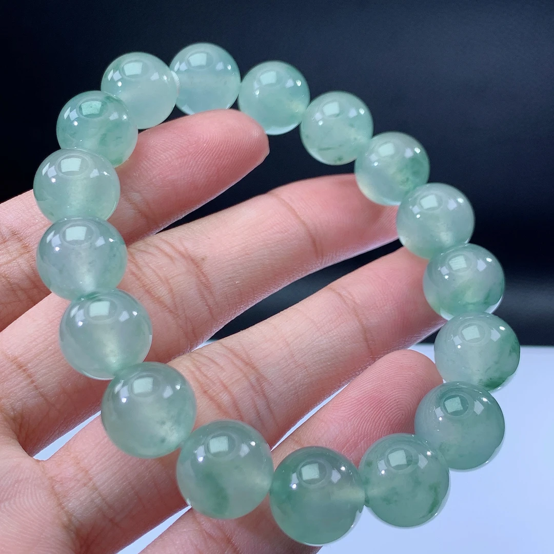 嘉运翡翠10.25-13缅甸天然翡翠A货冰种冰飘花手串卡12mm17颗