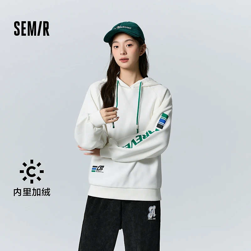 永久联名森马卫衣女加绒插肩袖宽松冬季潮酷字母印花连帽上衣个性