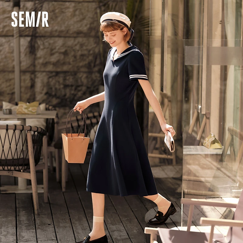 森马连衣裙女海军领学院风文艺气质夏新款白月光收腰显瘦长裙温柔