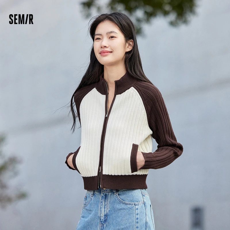 森马针织开衫女短款立领插肩袖新款春季气质撞色宽松毛衫复古上衣