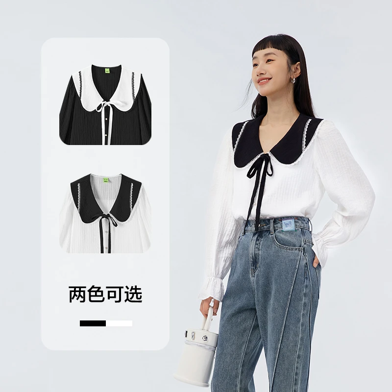 森马长袖衬衫女撞色温柔甜美风秋季新款少女感大翻领肌理衬衣