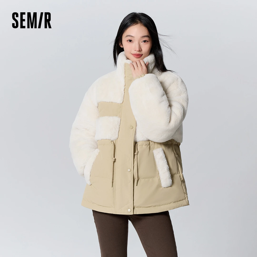 森马羽绒服女中长款宽松拼接仿兔毛新款冬立领收腰薄外套气质上衣
