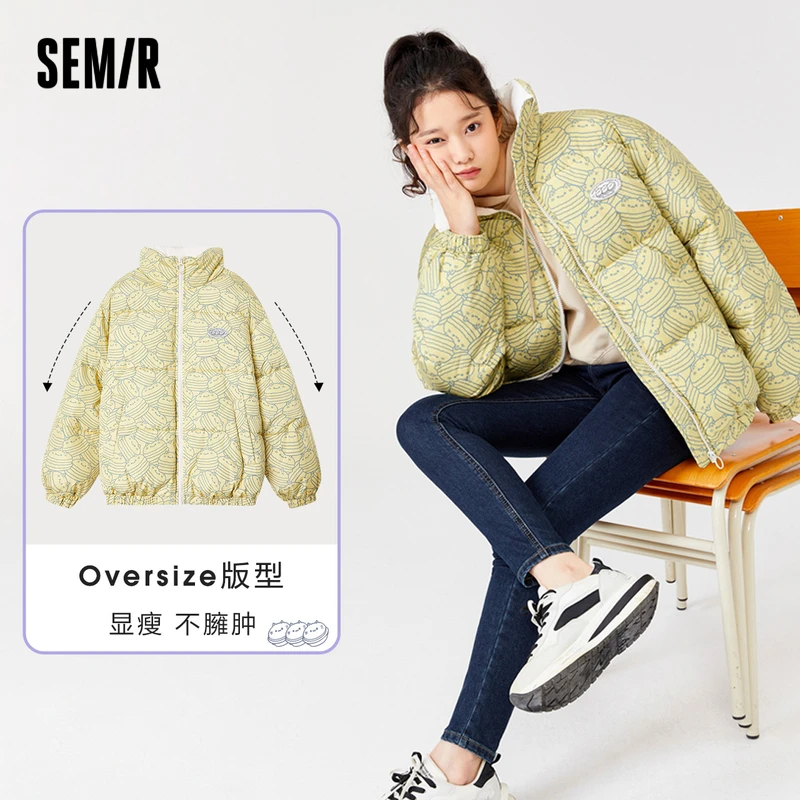 森马棉服女立领趣味上衣冬季新款oversize满印厚棉袄保暖可爱休闲