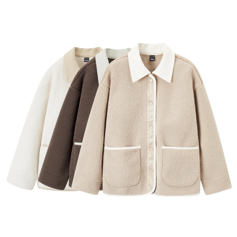 森马外套女仿羊羔毛仿麂皮撞色翻领复古冬季落肩宽松上衣潮流慵懒