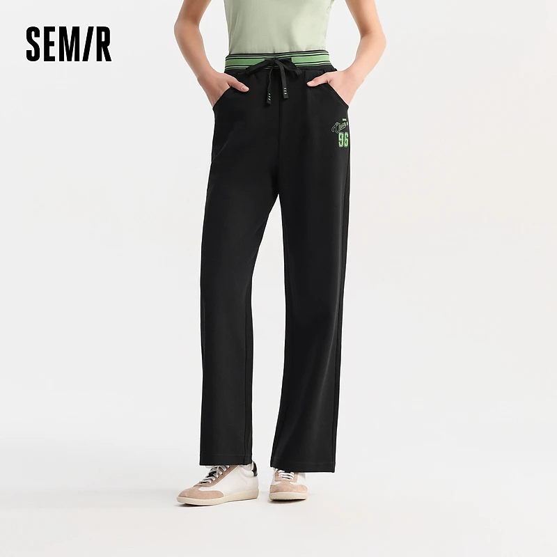 森马休闲裤女绣花撞色肌理长裤时尚个性夏女生显瘦宽松阔腿裤潮酷