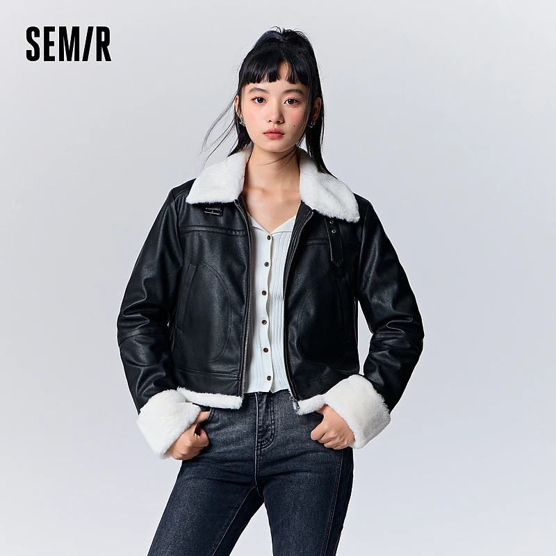 森马外套女短款夹棉翻领帅气炸街冬新款PU仿皮夹克潮酷小个子