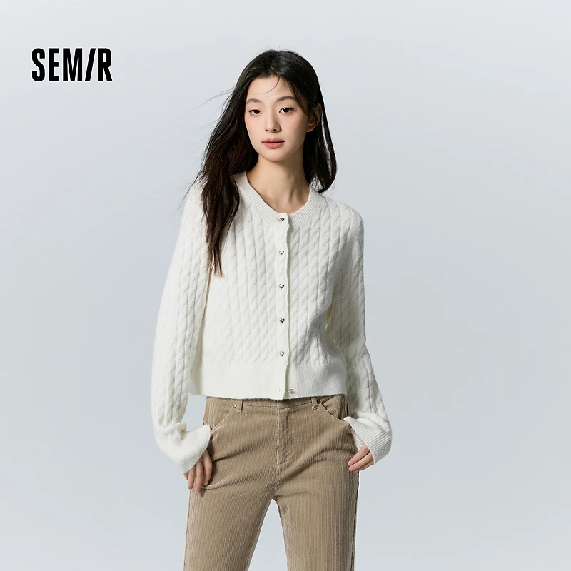 森马针织开衫女短款圆领衣服慵懒温柔冬季女士绞花毛衫气质小个子