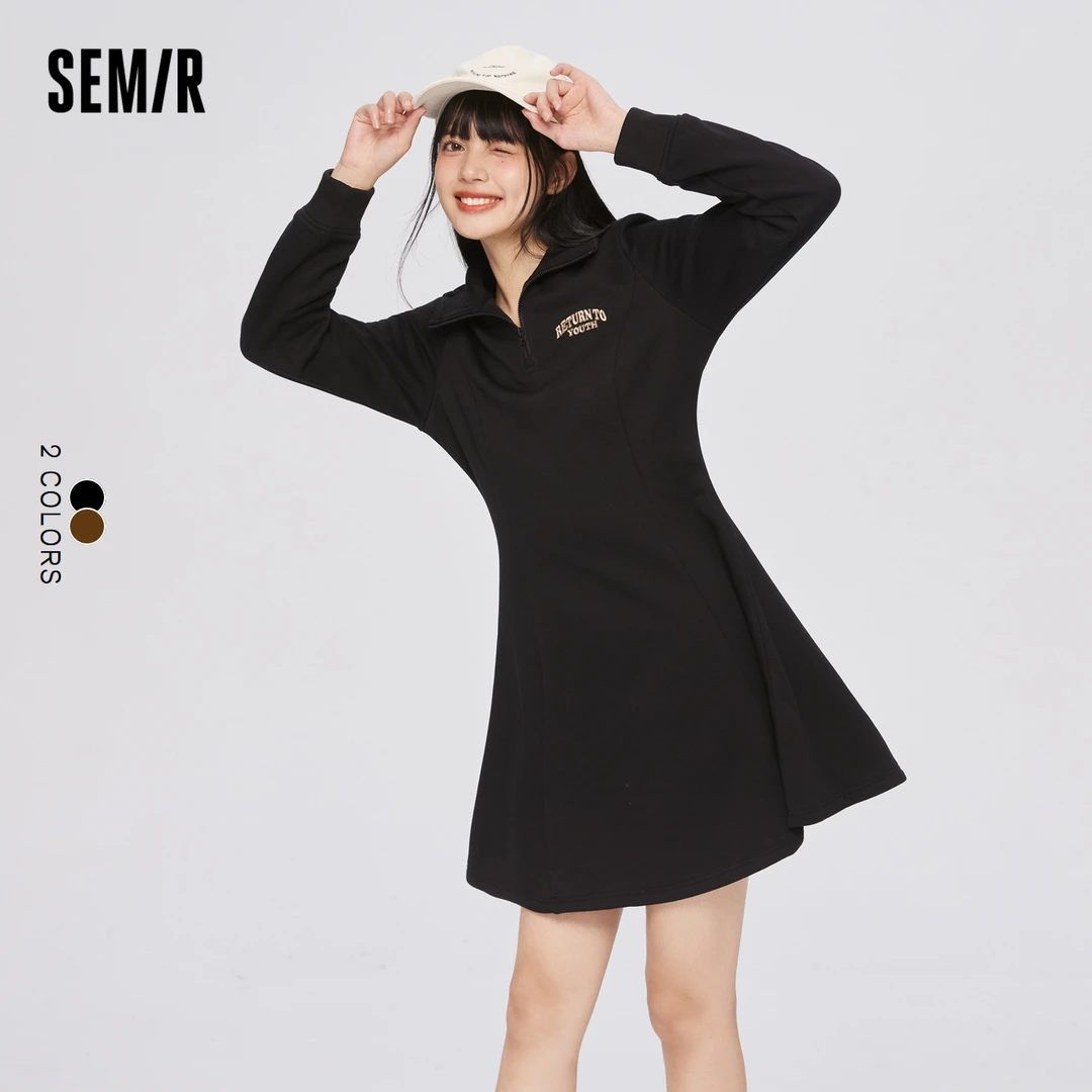 补贴-森马女连衣裙温暖摇粒绒刺绣复古风立领休闲半开襟女士