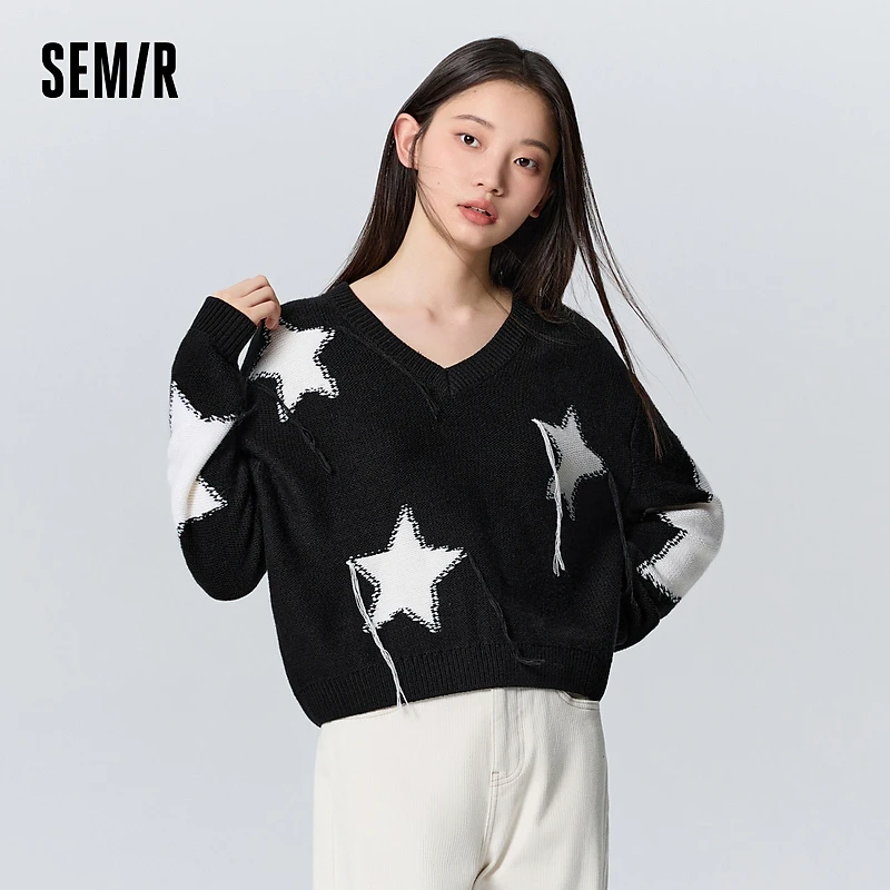 森马毛衣女短款设计感五角星毛衫冬季宽松慵懒风V领上衣小众潮流