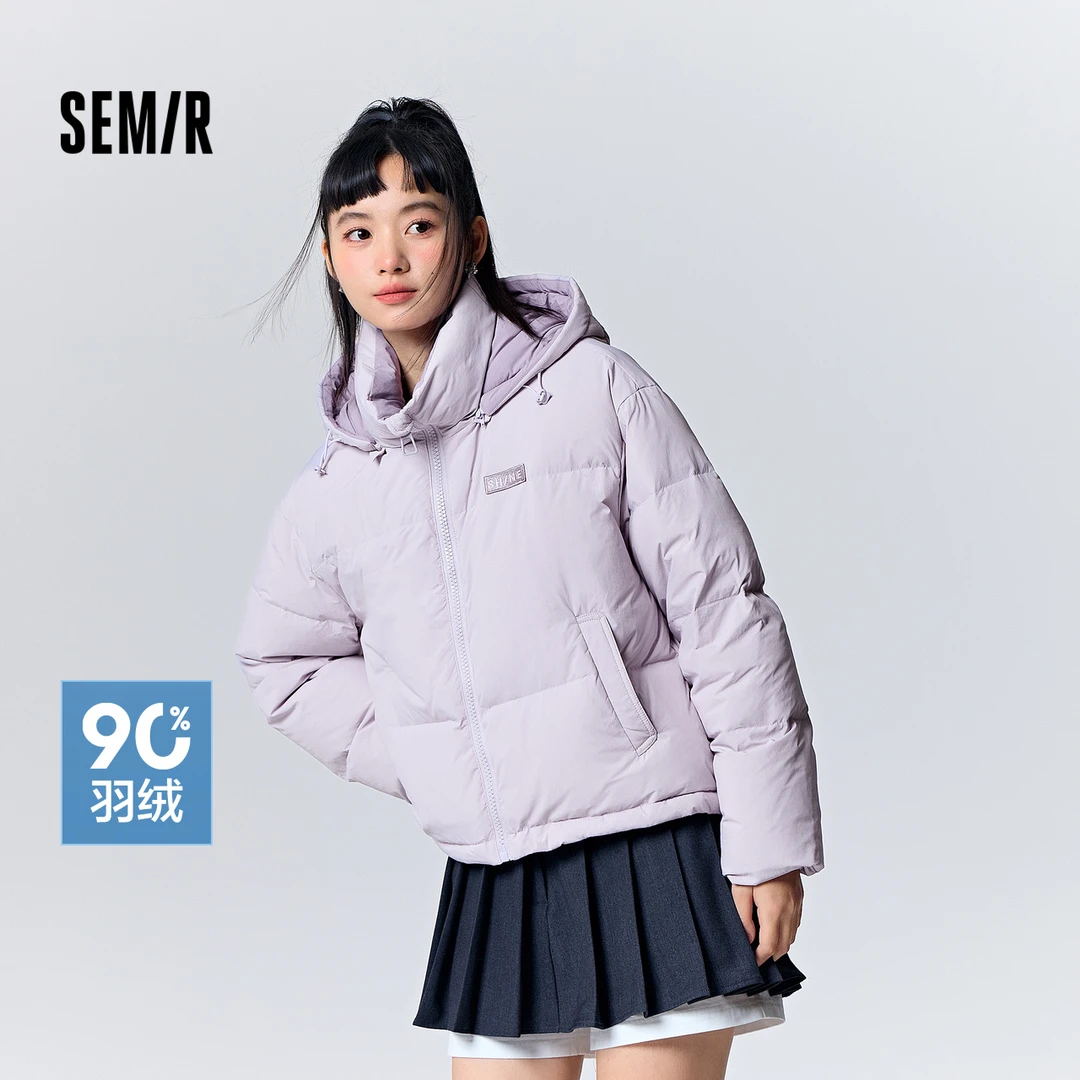 森马羽绒服女拼色连帽复古冬季新款时尚简约热力感短款羽绒服
