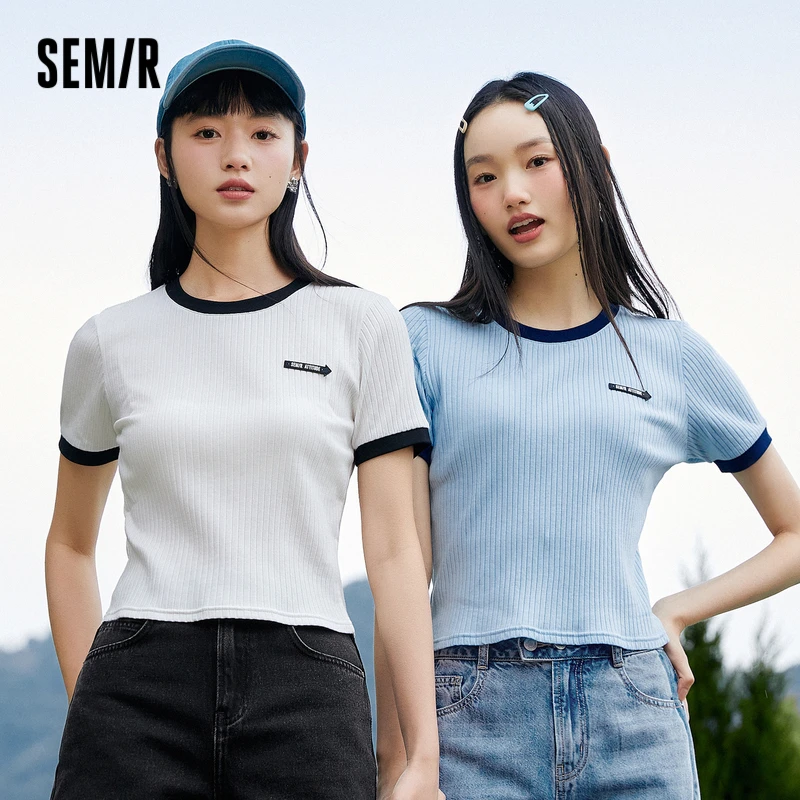 森马短袖T恤女短款撞色字母简约气质夏季显瘦紧身正肩通勤学生