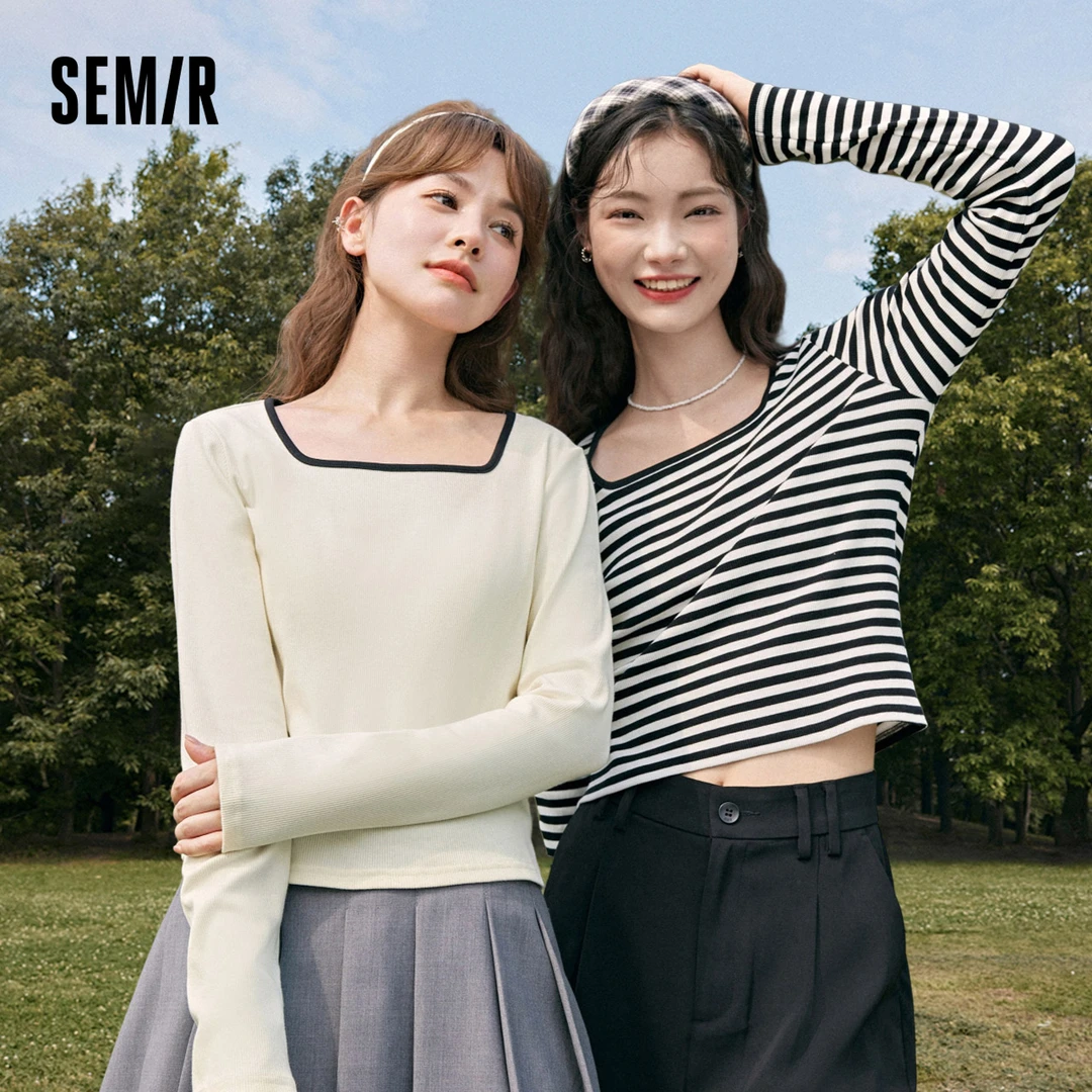 森马长袖T恤女短款方领简约打底衫小性感秋季显瘦紧身套头衫百搭