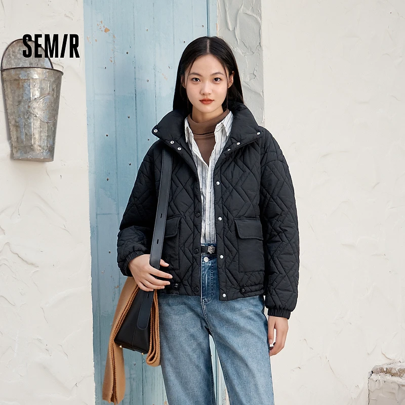 森马棉服女立领宽松外套女士慵懒风冬质感菱形格棉衣时尚休闲百搭