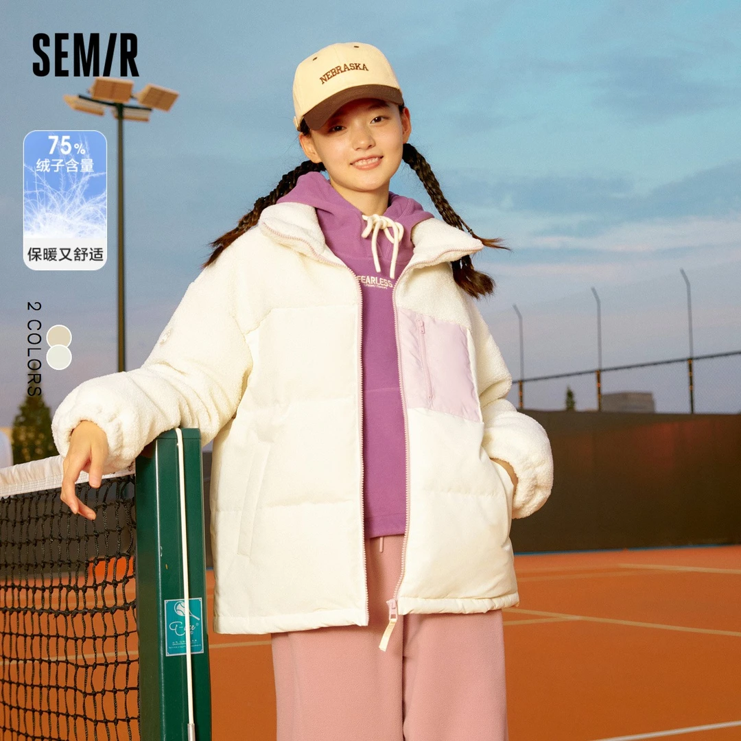 森马女羽绒服中长款拼接仿羊羔毛宽松撞色复古热力外套保暖冬季