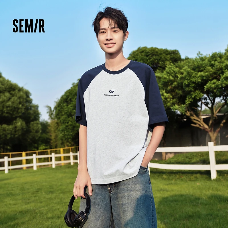 森马短袖T恤情侣夏季新款撞色插肩袖上衣复古学院风刺绣印花打底