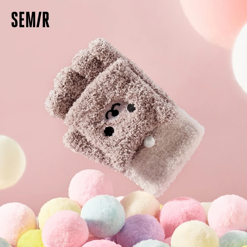 森马手套女百搭冬季新款半指露指可触屏手套可爱动物毛绒学生保暖