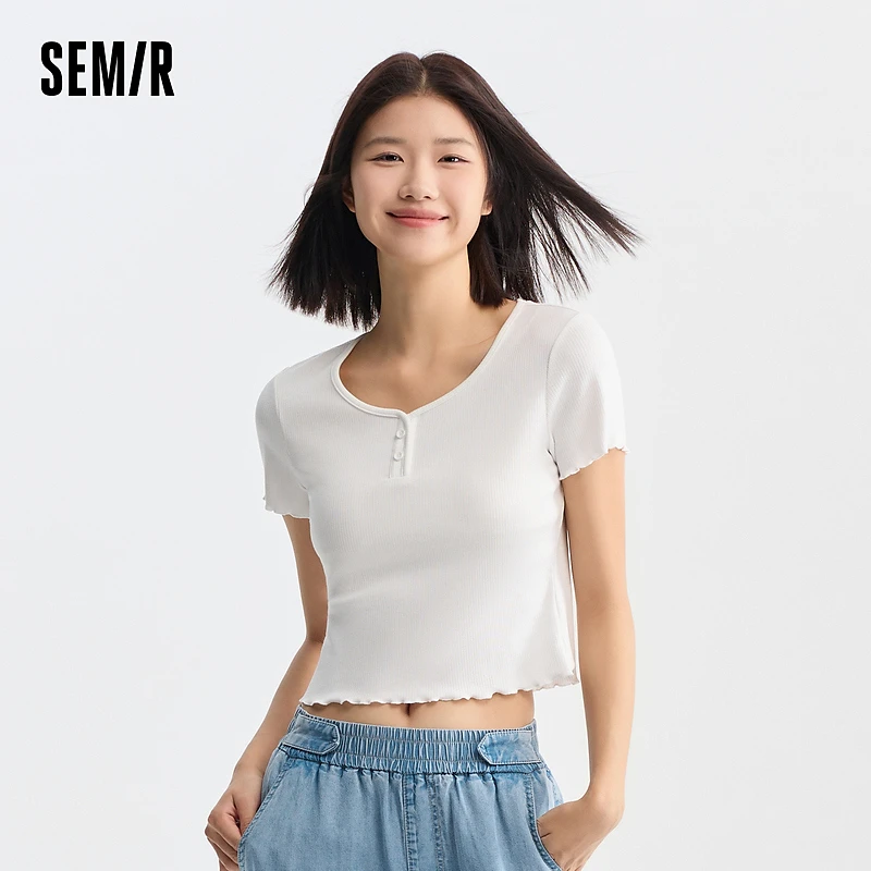 【商场同款】森马短袖T恤女短款木耳边纯色夏季新款紧身基础上衣