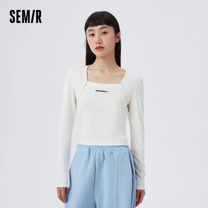 森马T恤女士针织打底衫方领柔软舒适内搭家居舒适甜美长袖上衣