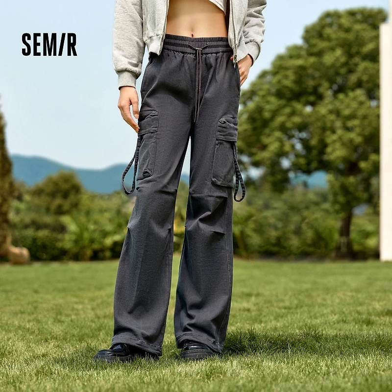 森马休闲裤女抓毛做旧工装裤美式复古冬松紧腰宽松阔腿裤潮酷街头