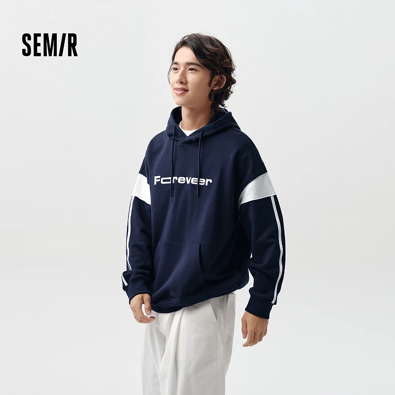 森马卫衣男春季美式复古学院绣花连帽上衣oversize运动风撞色流行