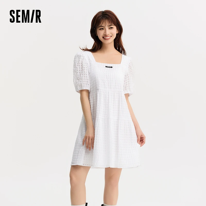 森马连衣裙女肌理格子小清新夏季温柔系可爱方领泡泡袖娃娃裙甜美