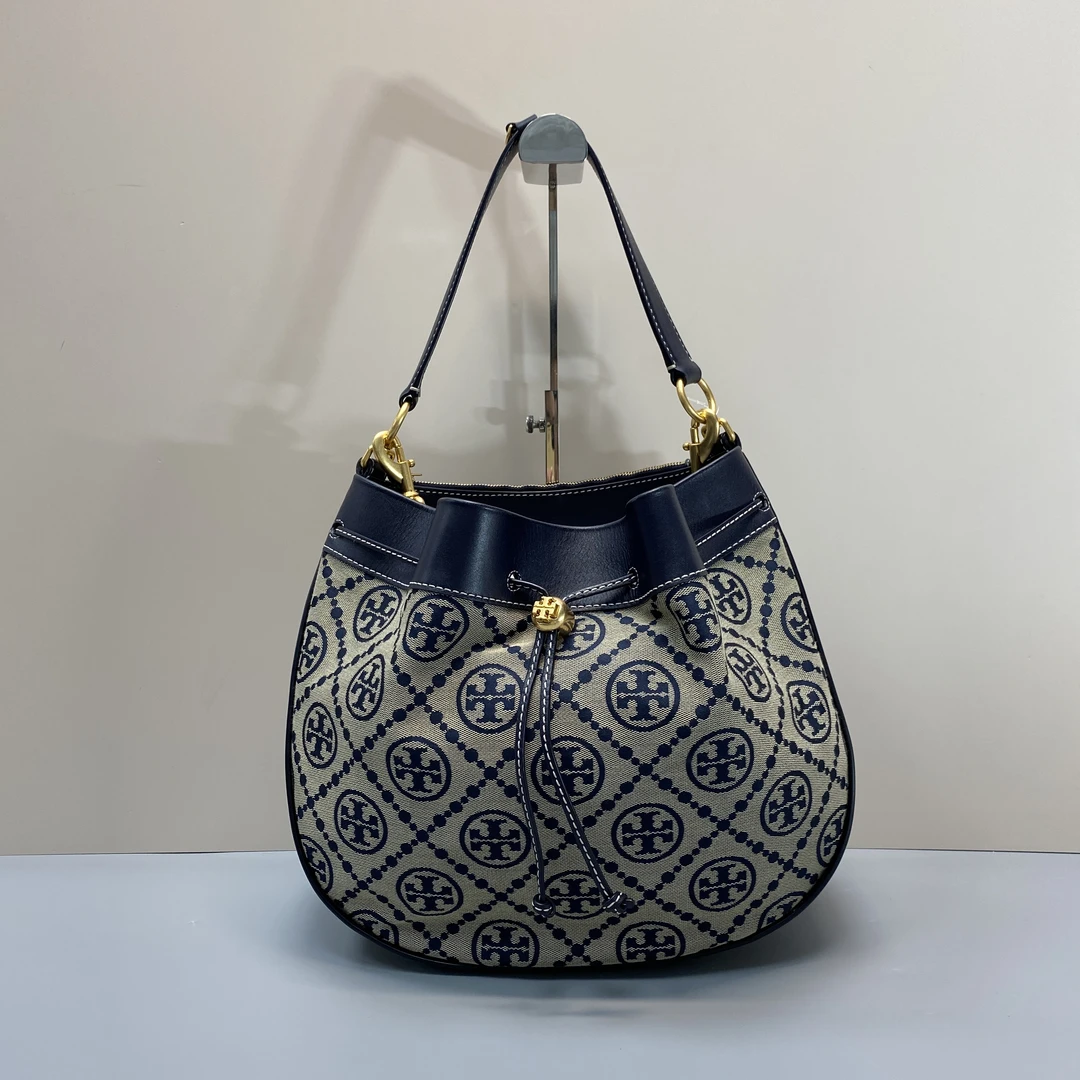 95新 TORY BURCH/汤丽柏琦 蓝色老花大号单肩腋下包32*26*15cm