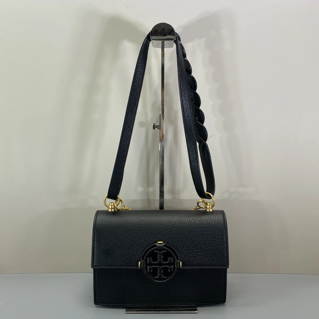 95新 Tory Burch/汤丽柏琦 miller黑色荔枝纹斜挎风琴包 23*15*8