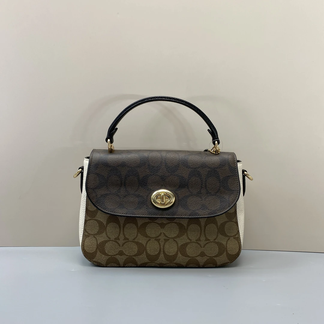 95新 COACH/蔻驰 marlie24黑拼老花深浅邮差包 24*17*7cmD080105