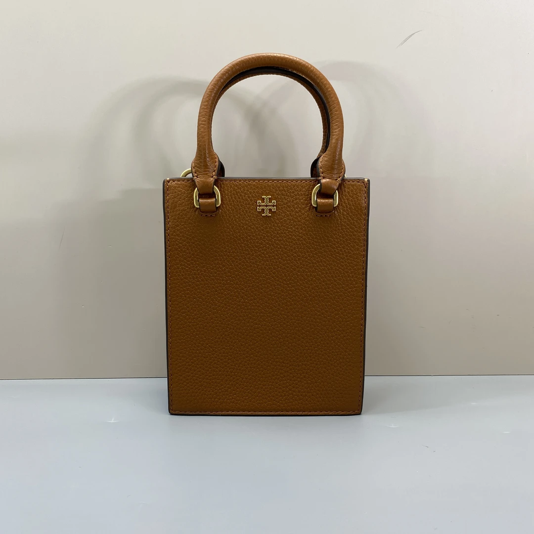 99新 Tory Burch/汤丽柏琦 棕色迷你荔枝纹琴谱斜挎包 14*17*5