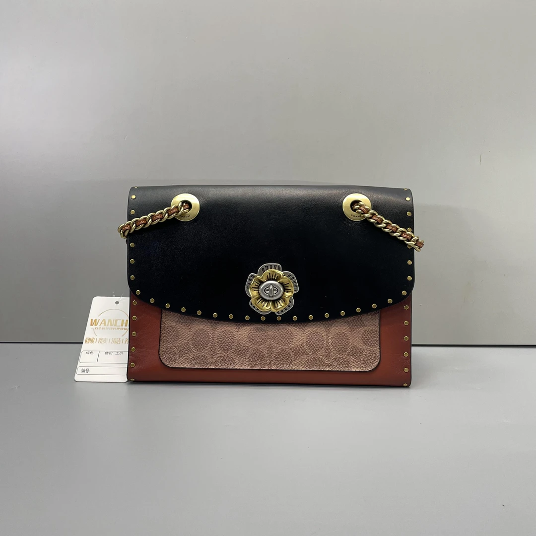 90新 COACH/蔻驰 parker26黑盖老花山茶链条包26x18x10cmD121227