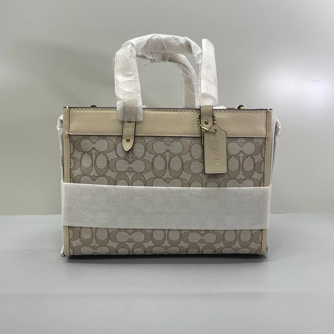 99新 COACH/蔻驰 Field30 米色帆布老花托特包30x22x15cmC122407