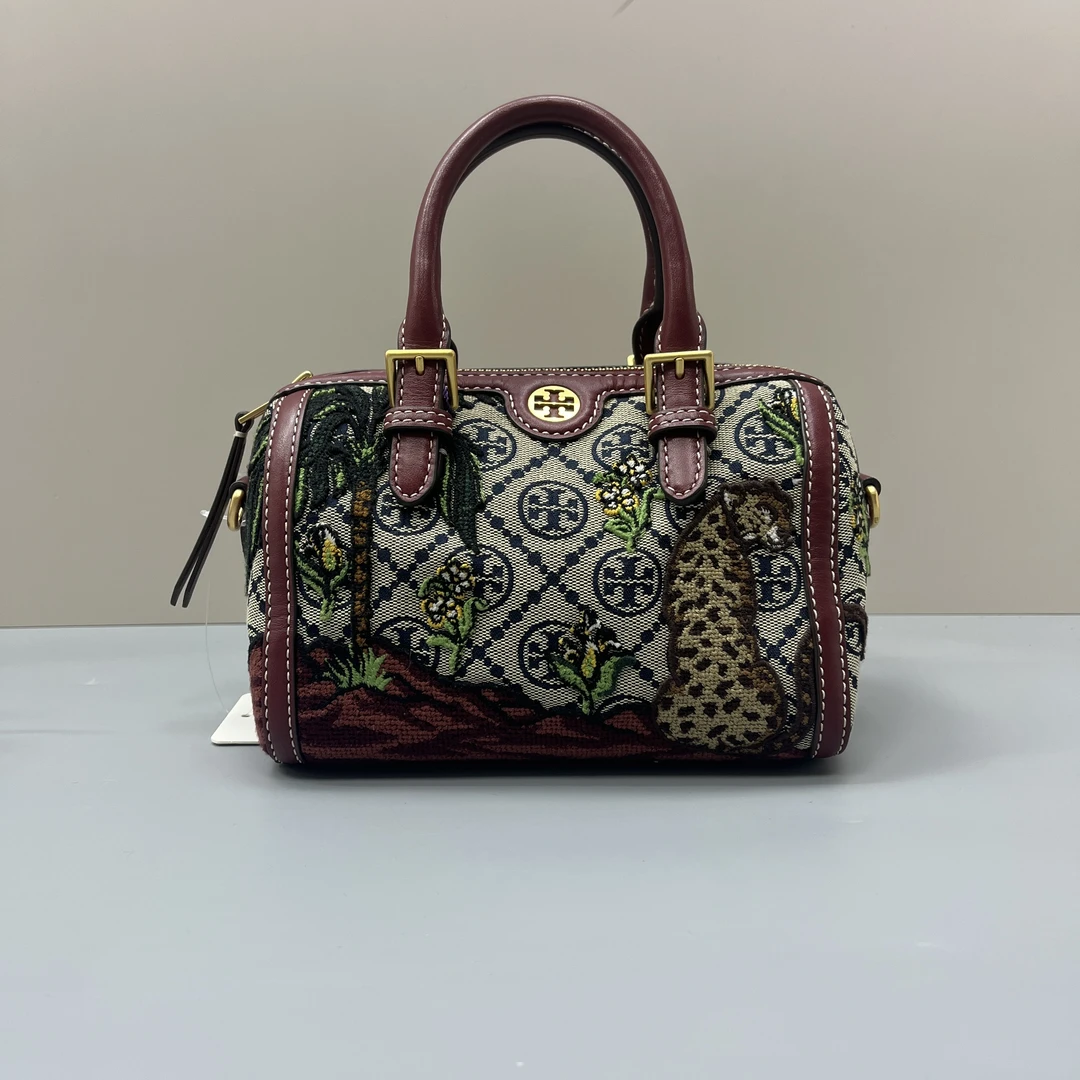 95新 Tory Burch/汤丽柏琦 刺绣印花波士顿包18x13x11cmD051225