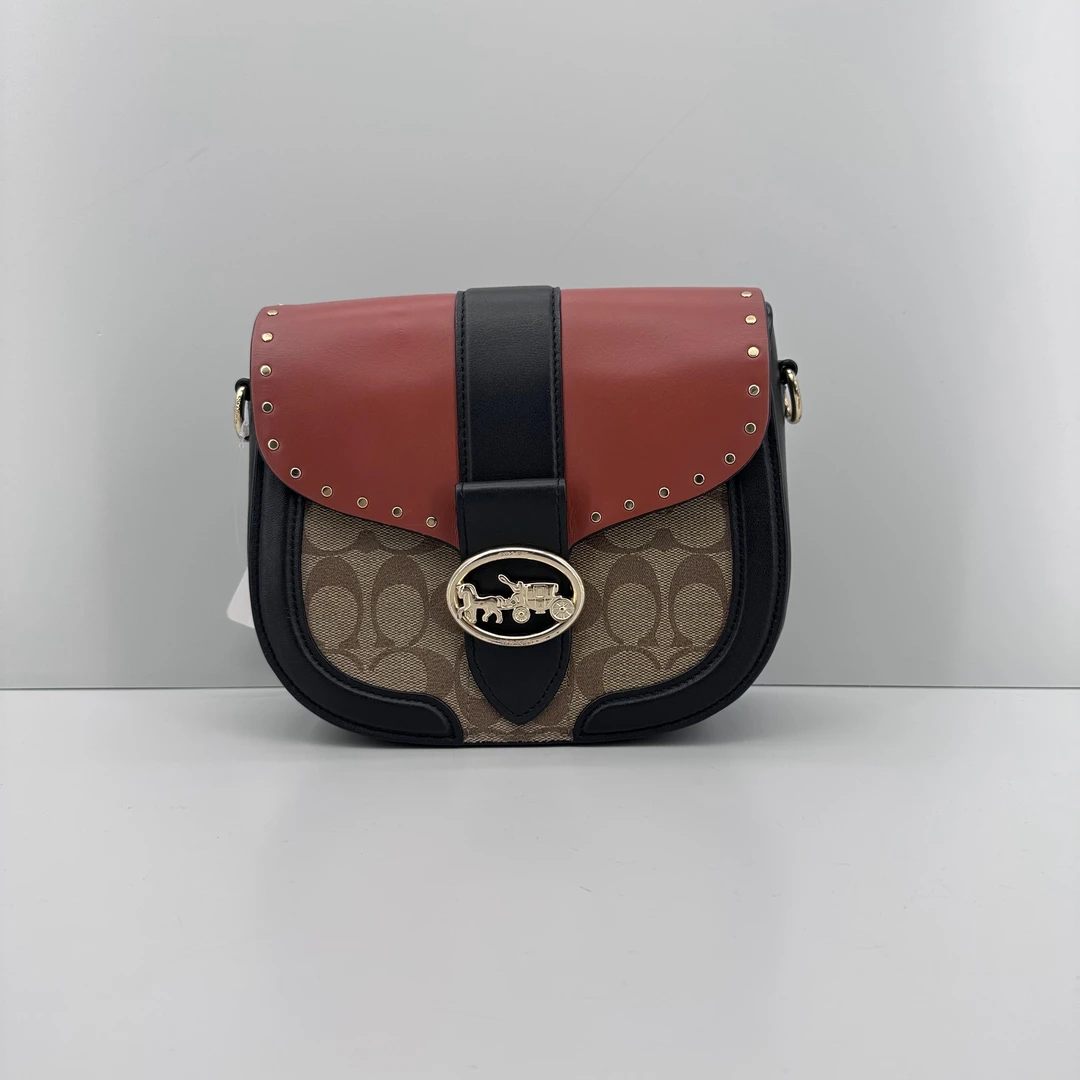 90新 COACH/蔻驰 georgie红棕老花铆钉马鞍包 21*18*7cmD111010