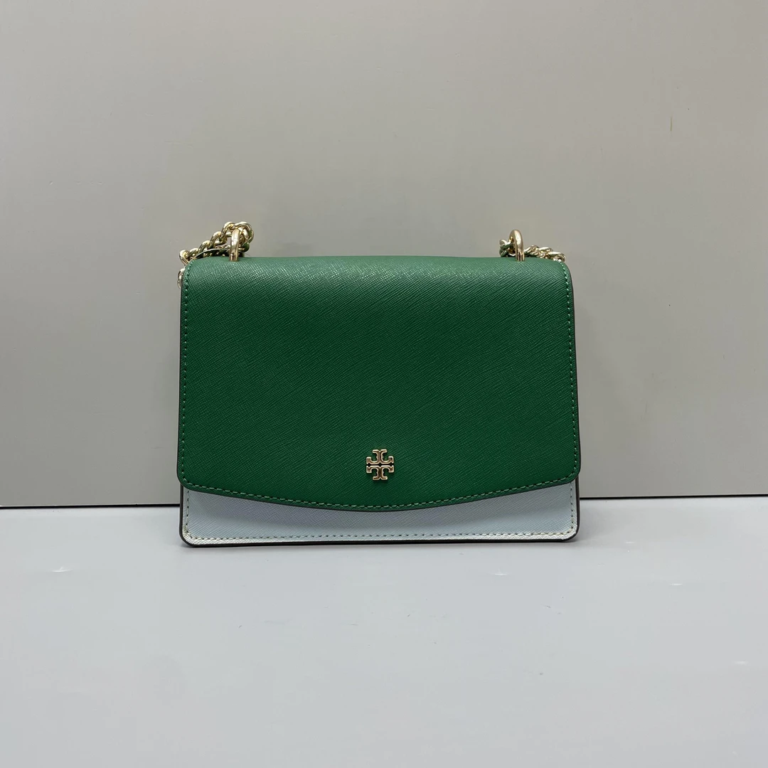 95新 TORY BURCH/汤丽柏琦 emerson绿拼浅蓝小号链条包19*14*5cm