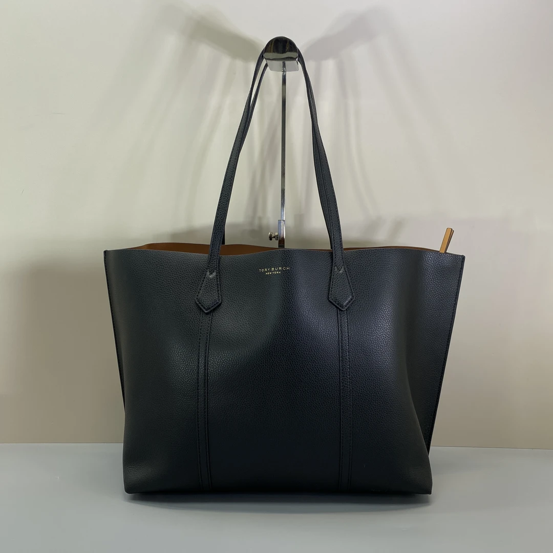 99新 Tory Burch/汤丽柏琦 黑色荔枝纹大号托特包 36*30*14cm