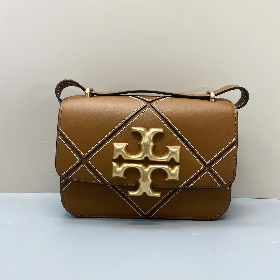 95新 TORY BURCH/汤丽柏琦 ELEANOR棕色菱格小号时尚女包19x13x6