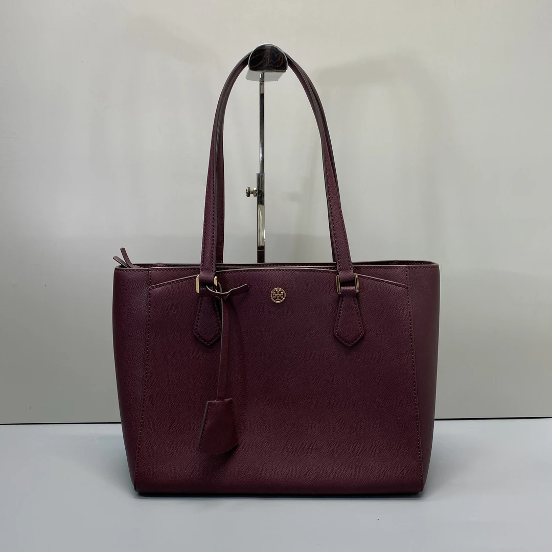 99新 TORY BURCH/汤丽柏琦 酒红色十字纹托特包30*23*15cm
