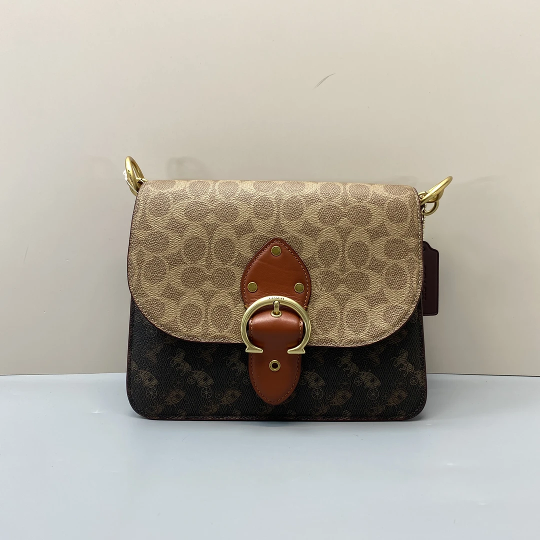 95新 COACH/蔻驰 beat24红棕老花拼黑马拉车斜挎包 24*18*10cm