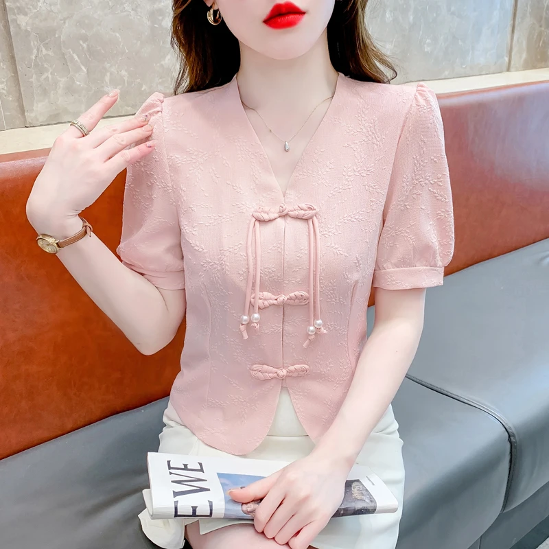 新中式国风粉色提花盘扣衬衫女夏装时尚洋气不规则短款正肩上衣潮